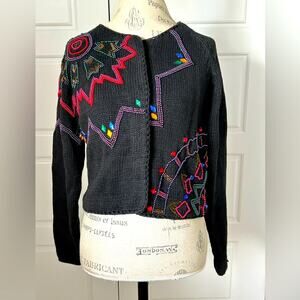 New York news abstract beaded sweater black red starburst knit sweater vtg sz S